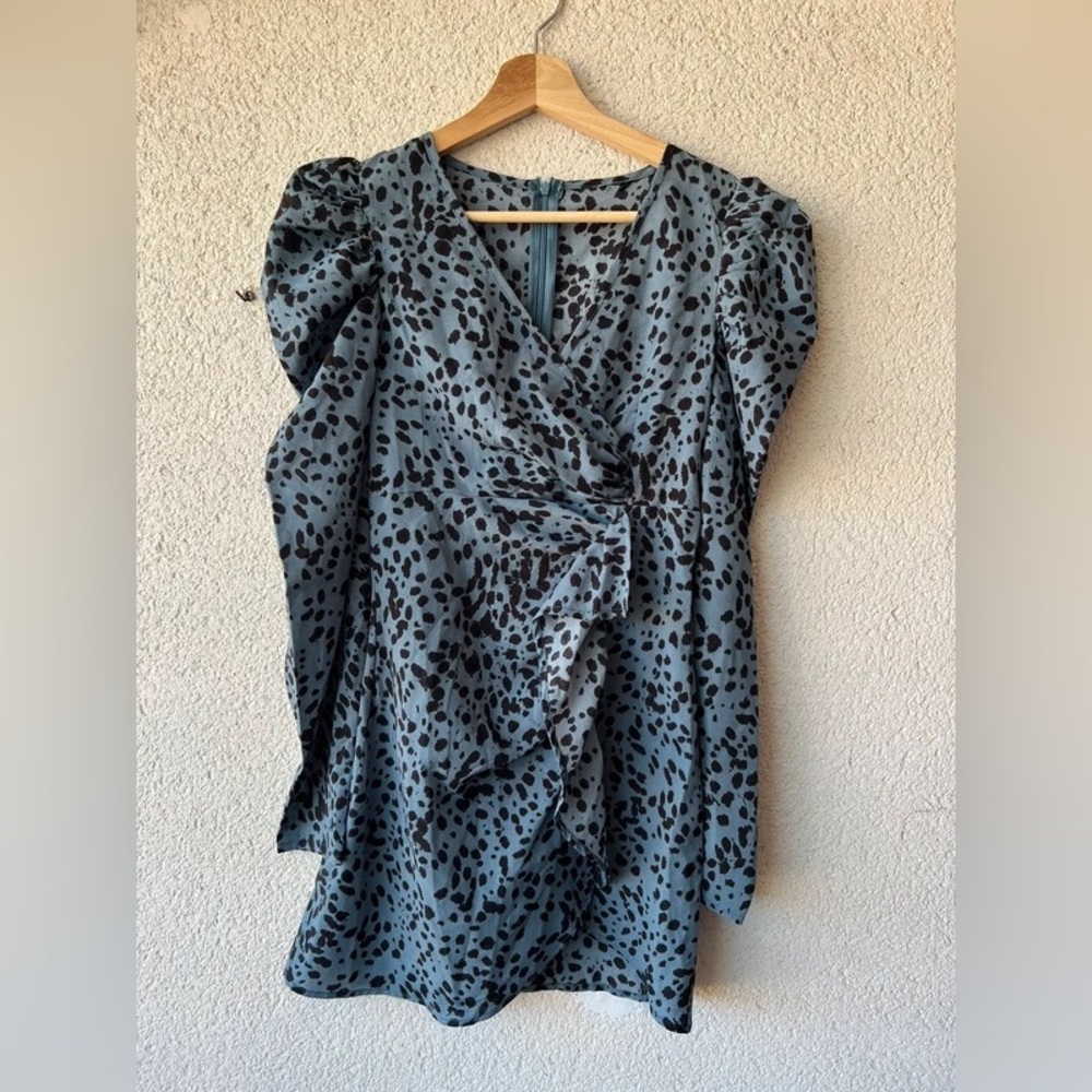 Blue Animal Print Wrap Dress with Ruffle Detail